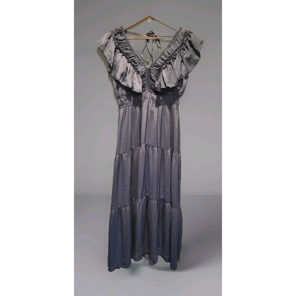 New Muted Green Cottagecore Prarie Tiered Flutter Sleeve Midi Dress She+Sky Sz M
